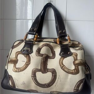 Gucci Beige Canvas Satchel with Brown Leather & Bamboo Accents